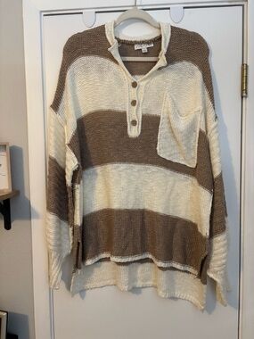 She + Sky Striped Henley Sweater - Cream & Brown